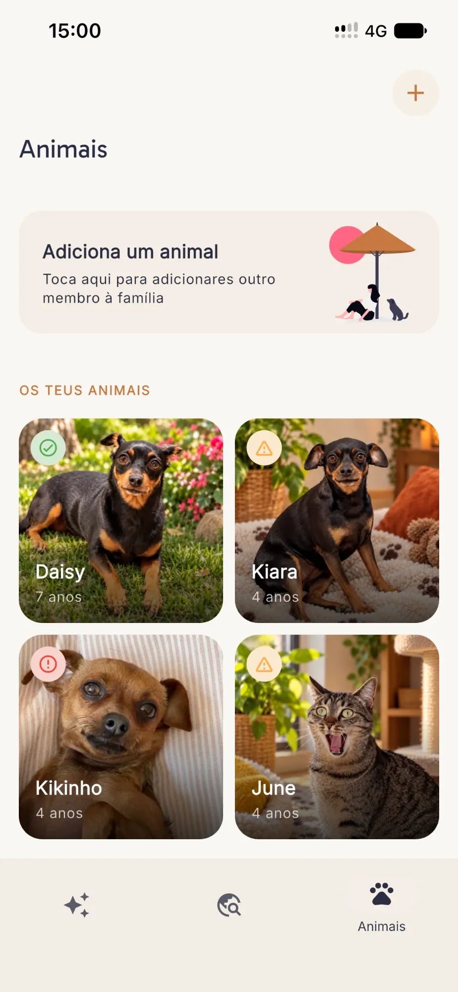 Lista dos animais na app