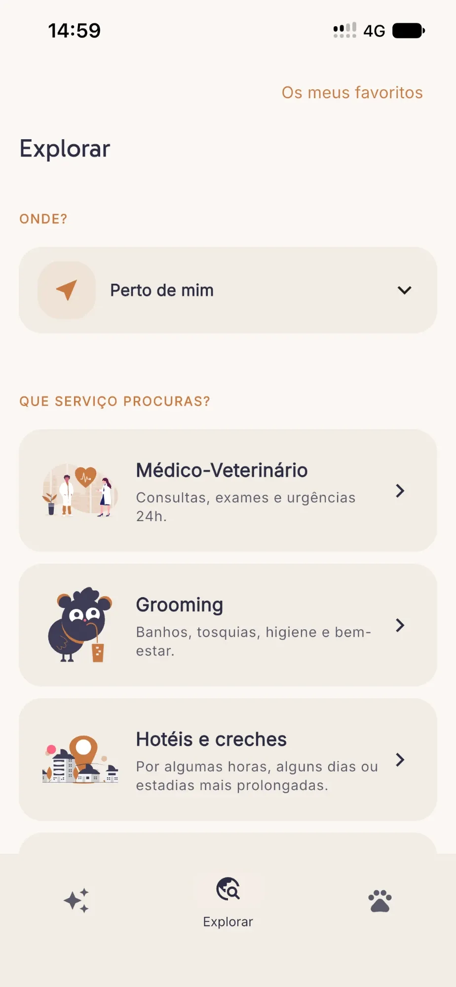 Ecrã Explorar com a localização e os tipos de serviço