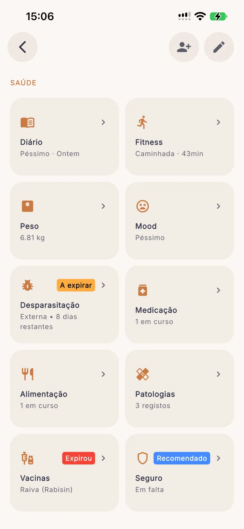 Grelha de saúde com diário, fitness, peso, humor, desparasitação, medicação, alimentação, patologias, vacinas e seguro