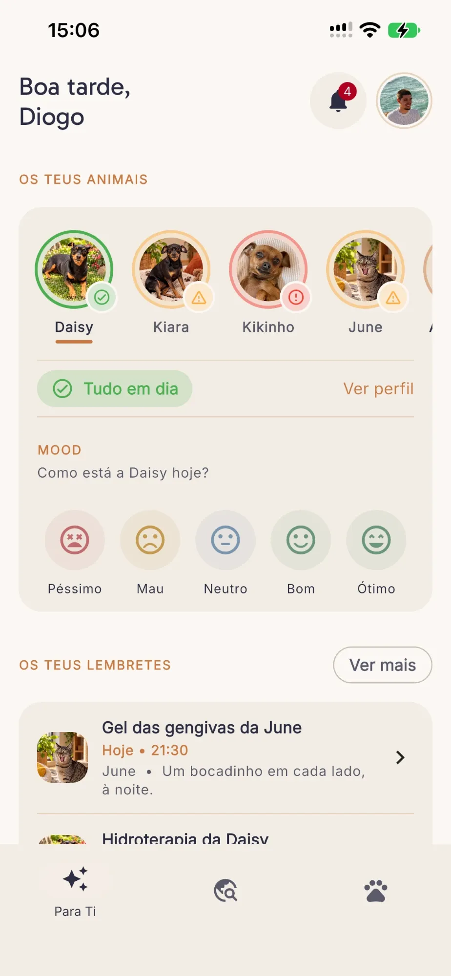 Ecrã inicial da app Furriel com os animais, o estado de saúde e o humor do dia