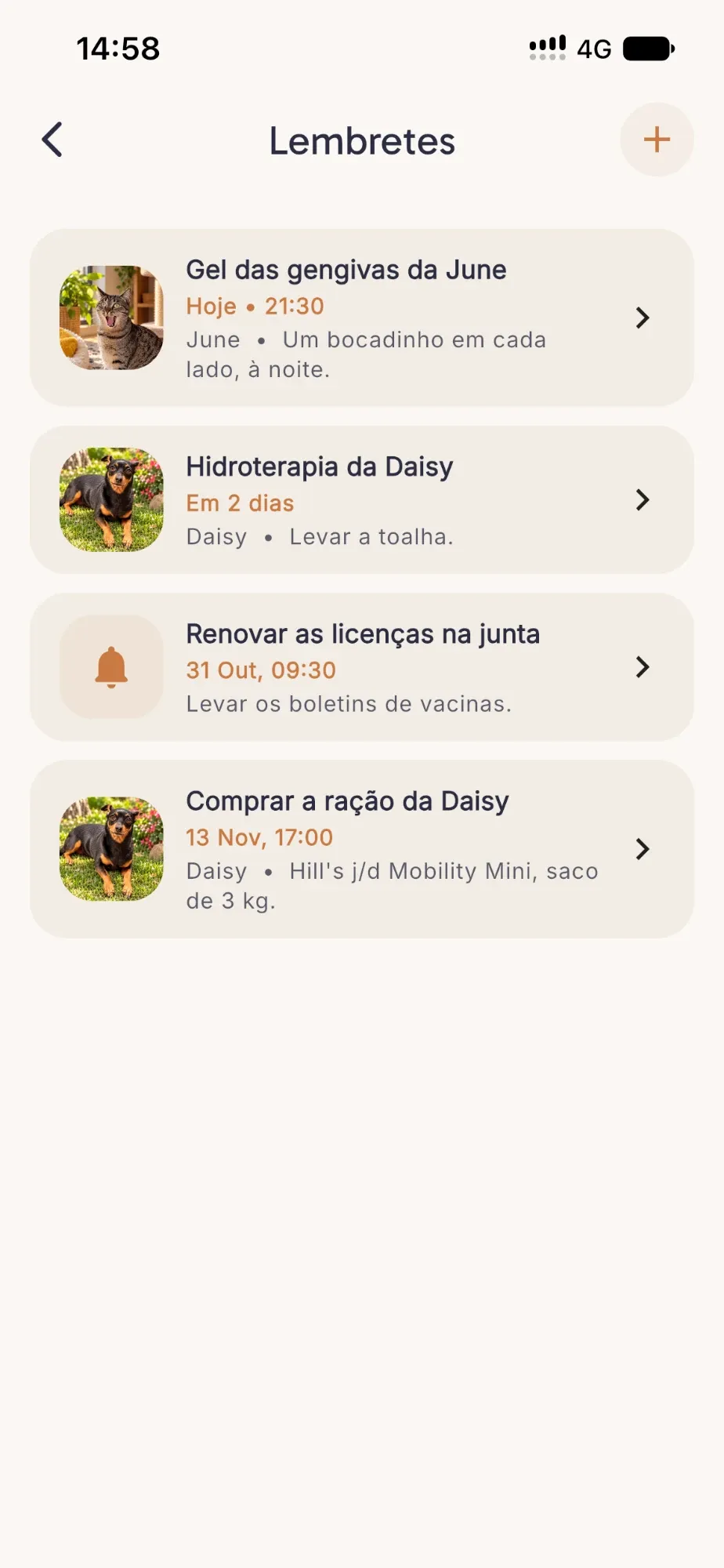 Lista de lembretes da app