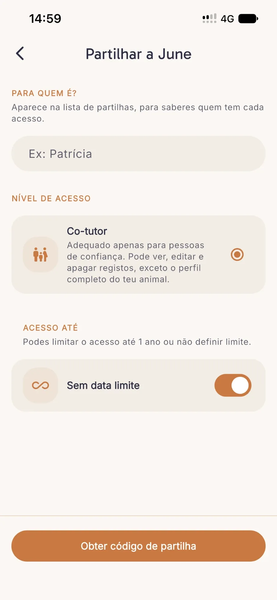 Ecrã para partilhar um animal, com o nível de acesso e a data limite